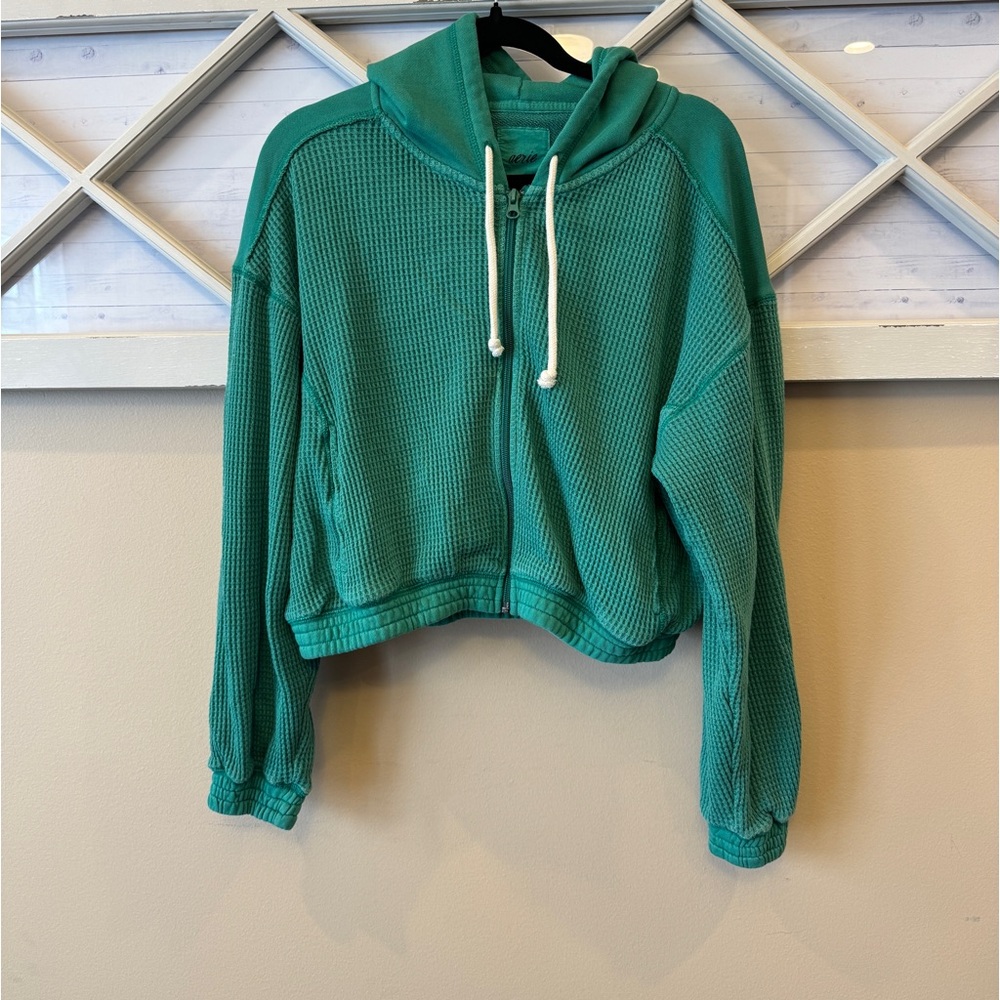 Aerie Waffle‎ Knit Cropped Sweatshirt green medium zip